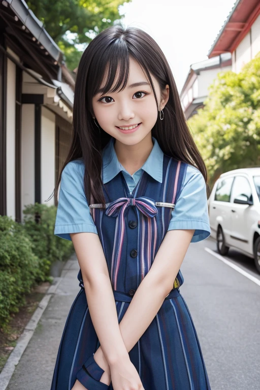 High quality masterpiece, 8k, ,  Japanese girl , RAW Photos,              absurd, Winner portrait smile face, 笑face, Alone, uniform, Summer Clothes Idol&#39;face, violet, Gardenia, Delicate girl,                      long black hair                    , Dark Eyes, Upper body digital SLR,                 Observe the Audience, Frank, Sophisticated, Like々Shii, Thin arms,              Professional lighting that sticks forward       ,                film grain             ,  chromatic ablation, (Details of the eye and face: 1.0), (Bokeh button:1.1)