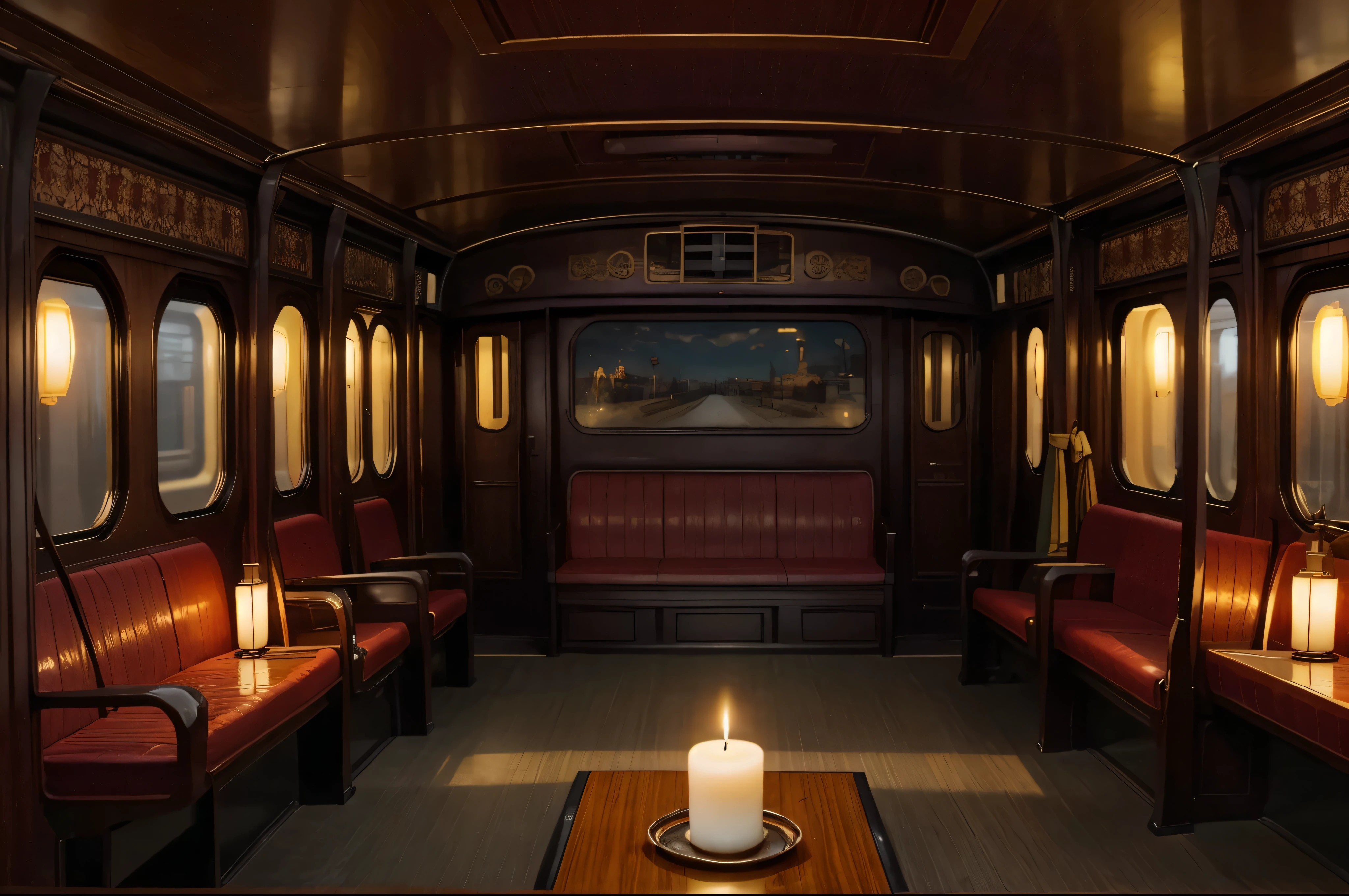 panoramic lens，Inside the train ，  An empty car ，panoramic lens，Symmetrical composition，Night scene ， A steam train from the last century , luxurious interior ， movie-grade lighting ，Night scene ， lots of candles， very detailed warm colors，  An empty car ， The car in the Orient Train， A luxuriously decorated car ，night，Candle， Very detailed 8k  , Realistic , dramatic, Epic Scale, , dramatic shadows,  bright color 
