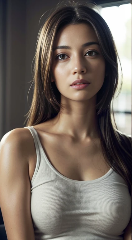 dressed in plain white t-shirt, (photo realistic:1.4), (hyper realistic:1.4), (realistic:1.3), (smoother lighting:1.05), (increase cinematic lighting quality:0.9), 32K, 1girl, 30yo girl, realistic lighting, backlighting, light on face, ray trace, (brightening light:1.2), (Increase quality:1.4), (best quality real texture skin:1.4), finely detailed eyes, finely detailed face, finely quality eyes, (tired and sleepy and satisfied:0.0), face closeup, t-shirts, (Increase body line mood:1.1), (Increase skin texture beauty:1.1) {Upper body from the waist up fully in frame and centred}