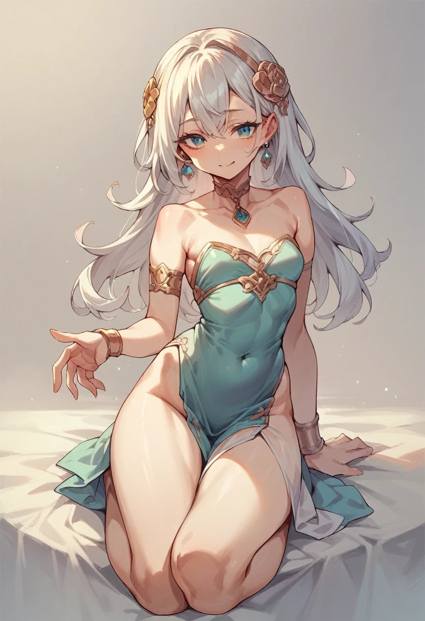 inn, tavern, on the bed, smile, Smiling, solo, battle stance, 1girl, soft smile, slender figure, slim, young girl, short height, full cheeks, skinny, Sexy, Beautiful composition, beatiful face, handsome body (Body Full 1.1.), Beautiful figure, in full height (Body Full 1.1.), closed mouth, Digital Art, sexypose, small-sized breasts, High Elf Knight(Body Full 1.1) elf, (Dark Blue eyes:1.5), white hair, long hair, braid on hair, silver hair, Knight, Beautiful figure, beautiful breasts, (Fullness of the body.1,1) silver hair, Hair between the eyes, hairlong, straight hair, pointed ears, long ears, side locks, bangs, Asymmetrical Clothing, elf, (Masterpiece:1.2), Best Quality, High Resolution, Unity 8k Wallpaper, (illustration:0.8), (beautiful detail eyes:1.6), extremely detailed face, perfect lighting, extremely detailed CGI, (perfect arms, perfect anatomy), epic composition, tunic, hair braid on head, braid, tress, tress on head, golden spear, looking at viewer, necklace, cleavage, fullbody, full-body, sitting, legs together, bare legs, bare feet, feet soles