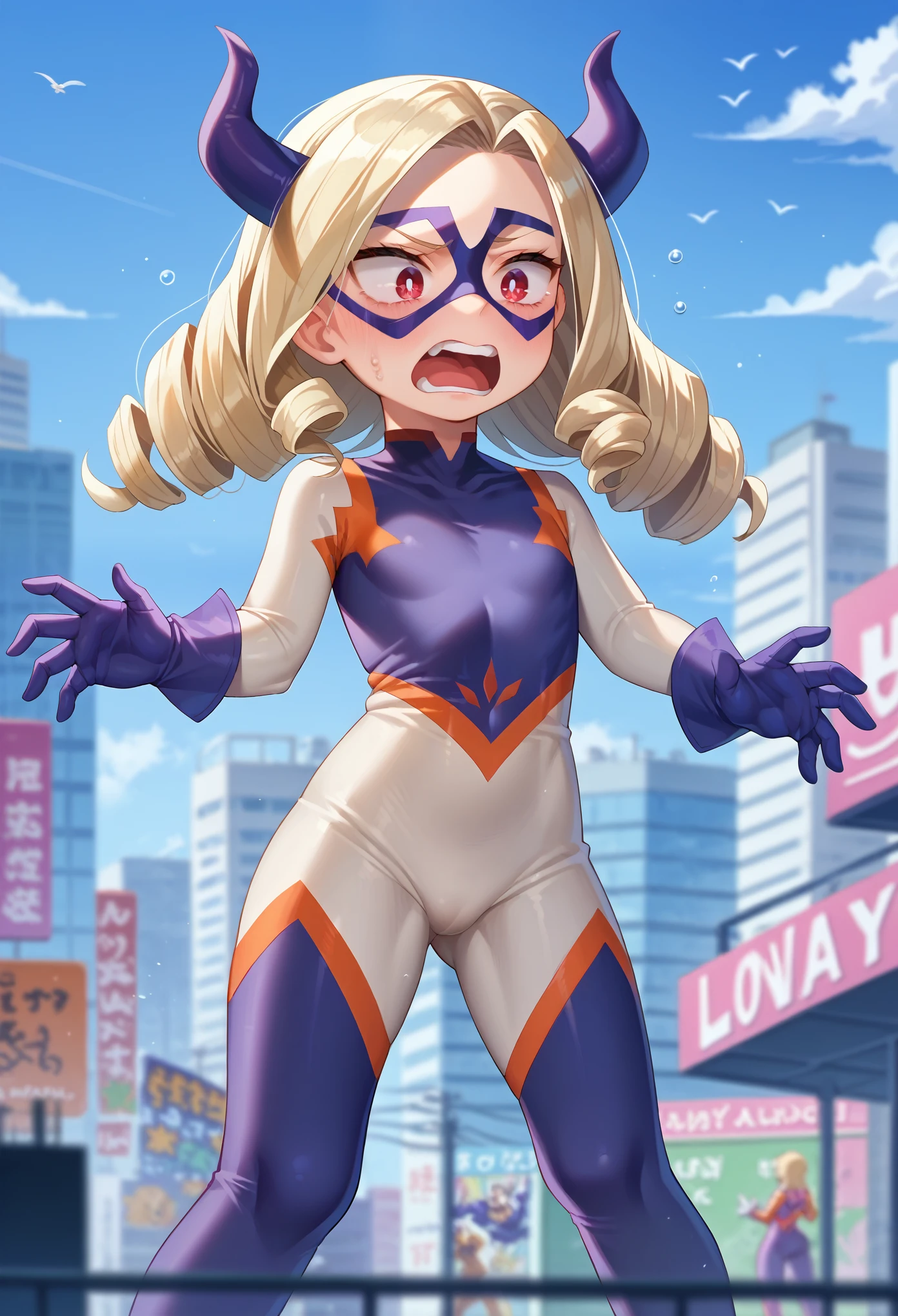 score_9, score_8_up, score_7_up, 1girl, solo, (****:1.5), flat chest, oversized bodysuit, mt_lady, red eyes, blonde hair, medium hair, drill hair, domino mask, bodysuit, skintight, gloves, shaking, standing, shocked, screaming, looking down,city background, AgeRegression, Oversized Clothes
