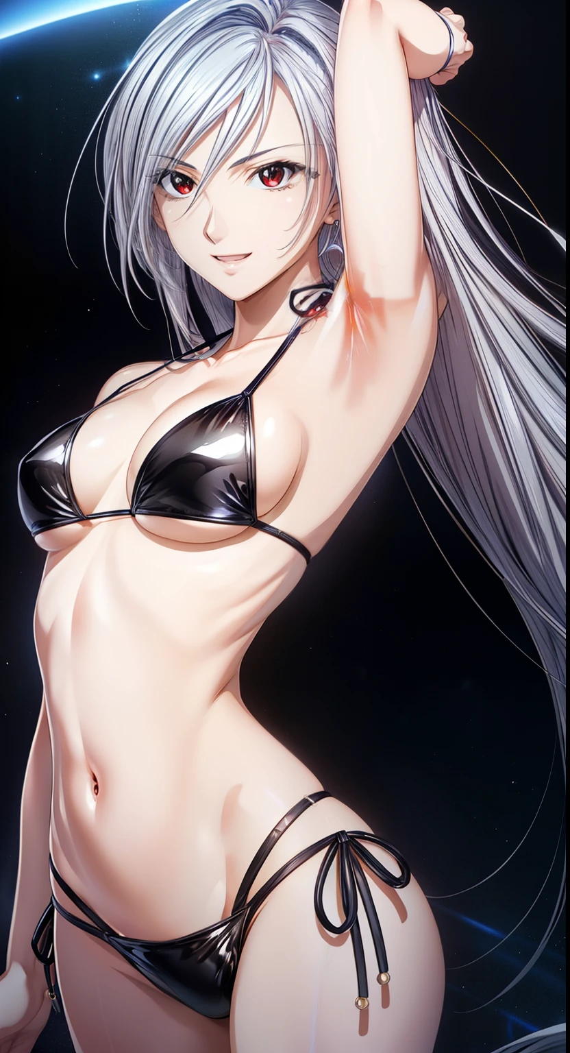 1girl, evil smile, red eyes, long hair, forehead, white hair, black choker, white micro top bandeau, belly, medium breast, extreme micro shorts open fly, stockings, black lipstick, black lipstick ear piercings, cowboy shot, arms up, armpits, lying bust up shot, thicc legs, wheatskin 