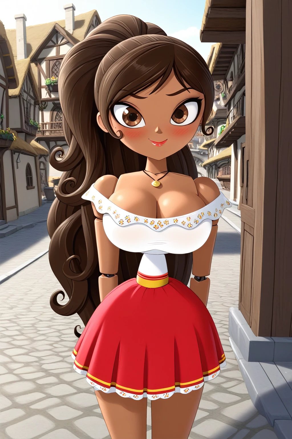 1girl, long hair, ponytail, joints, dark skin, Brown Hair, village, day, embarrassed face, smile, super blushing, Big breasts, dark skin, solo, 1 girl, looking at viwer, front view, standing, wood skin, necklace, cleavage, bare shoulders, off shoulder, white blouse, red skirt, mini skirt, cute feet, feet, Brown skin, pov front view, light red lips, front view, sexy body, front view, pov front view, 