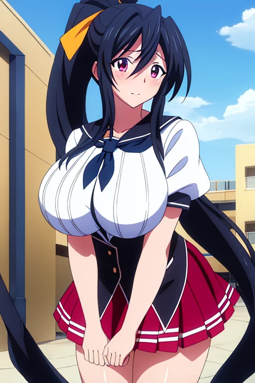 (afternoon), At school,Blue sky and clouds, Black_...headland,Black neckwear,white shirt,short_sleeves, sailor_collar,Red pleated skirt ,, (Huge breasts), Blusher, Embarrassed, black  hair , pink eye,  very long hair, hair _between_eye, ponytail ,Yellow_ hair _ribbon,, 20 years old,junior, beautiful finger , looking at viewers , Beautiful Body ,Beautiful nose, beautiful character design, perfect eye, Perfect face,expressive eye best quality, masterpiece,  super high resolution ,  absurd,  Absolute resolution 