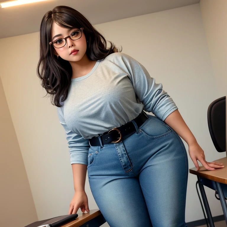 top-quality, ​masterpiece, RAW photo, female teacher (1.5), naughty face (1.5), hands revealing open shirt, full body view, (front view: 1.5) curvy body shape (1.5), small breasts, large butt (1.5), wide hips 1.5), natural abs, thick legs, wet shiny skin (1.5), shaved pussy (1.2),classroom background, ((private class)), ((sitting on table)), ((she reading a book:1.5))