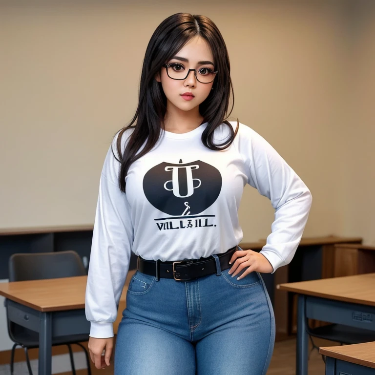 Nerdy petite busty Emo mexican teen with long volumetric hair and voluptuous breasts wearing a v neck t-shirt and dark pants.
