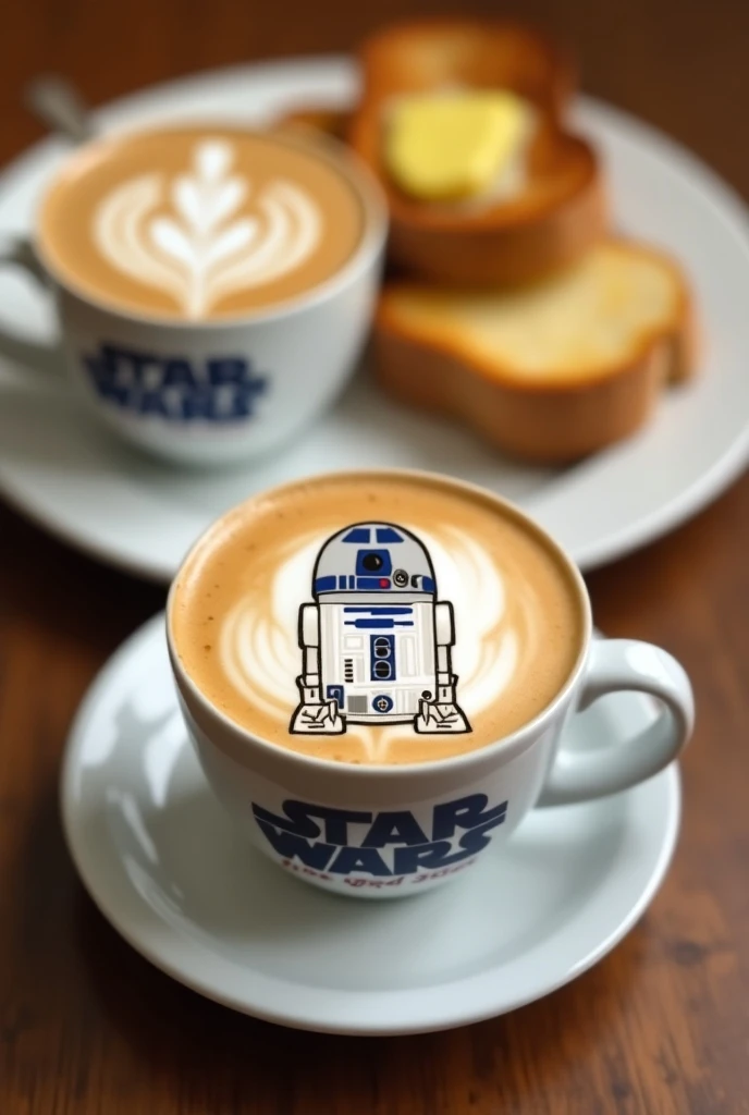 Coffee mugs with the Star Wars logo are at the center. View from above, R-2B2 drawn in latte art is cute,
In the background is a white plate with slices of toasted bread.
Melted butter on the bread,
Breakfast atmosphere