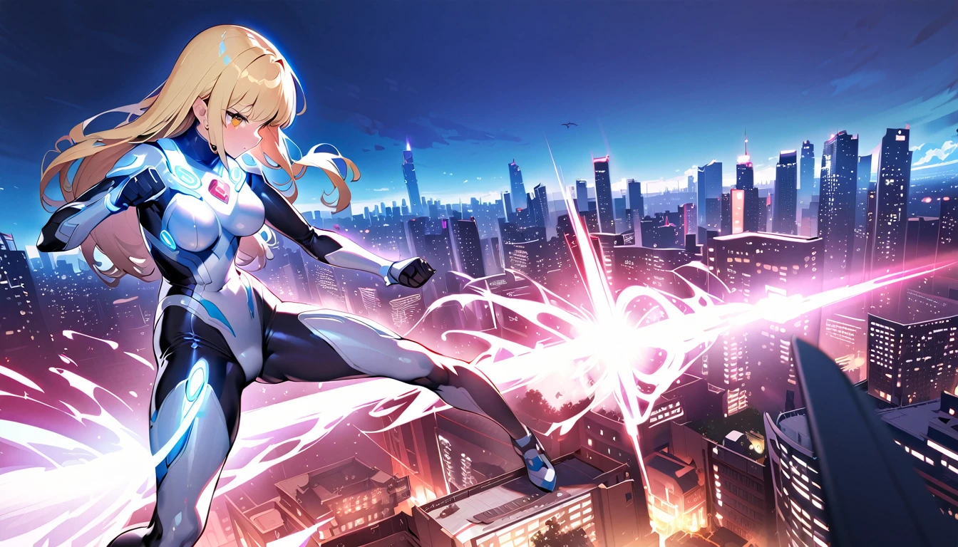 girl masterpiece, best quality, high resolution, best detailed, ultra girl, giantess, blonde hair, straight hair, shiny hair, bodysuit, blue and silver bodysuit, red gem on chest, full body, fighting stance, making fists, a lot sweat, many tentacles,  breezing white breath, detailed background, cityscape, buildings, beam effects  from tentacles,