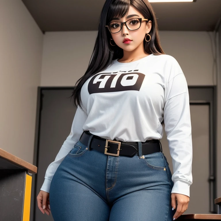 A cute ite short skinny wide thick hips emo mexican girl, short wild volumetric hair, one wearing glasses, beautiful detailed brown eyes, cutely detailed lips, extremely cute detailed eyes and face, wide curvy pearshaped hips, thick thighs, long sleeve t-shirt tucked in belted long jeans, full body photo, masterpiece, photorealistic, 8k, vivid colors, studio lighting, professional, standing in classroom,1girl, 