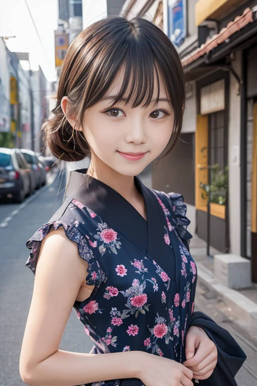 High quality masterpiece, 8k, ,  Japanese girl , RAW Photos,              absurd, Winner portrait smile face, 笑face, Alone, uniform, Summer Clothes Idol&#39;face, violet, Gardenia, Delicate girl,                      long black hair                    , Dark Eyes, Upper body digital SLR,                 Observe the Audience, Frank, Sophisticated, Like々Shii, Thin arms,              Professional lighting that sticks forward       ,                film grain             ,  chromatic ablation, (Details of the eye and face: 1.0), (Bokeh button:1.1)