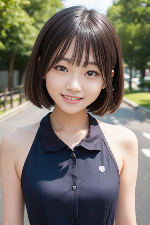 High quality masterpiece, 8k, ,  Japanese girl , RAW Photos,              absurd, Winner portrait smile face, 笑face, Alone, uniform, Summer Clothes Idol&#39;face, violet, Gardenia, Delicate girl,                      long black hair                    , Dark Eyes, Upper body digital SLR,                 Observe the Audience, Frank, Sophisticated, Like々Shii, Thin arms,              Professional lighting that sticks forward       ,                film grain             ,  chromatic ablation, (Details of the eye and face: 1.0), (Bokeh button:1.1)