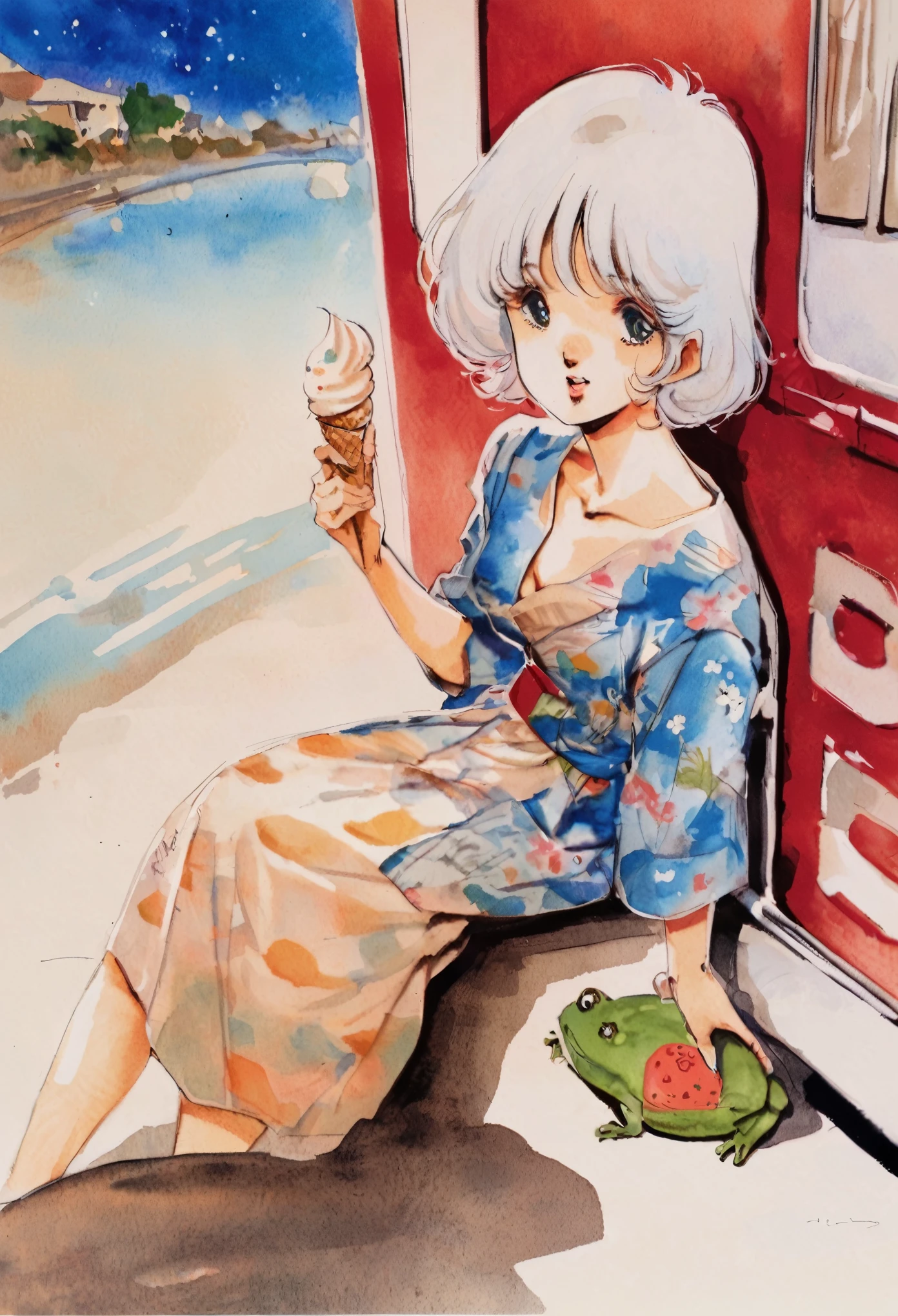   close-up .  1 girl,　 White Short Hair, neutral girl,  sky blue thin yukata with a white rabbit design, Small breasts, Bored look, I have a colorful ice cream cone,  sitting next to an ice cream truck driven by a frog holding a colorful ice cream cone , masterpiece, Highest quality,   very aesthetic, Ridiculous traditional media , watercolor, 1980