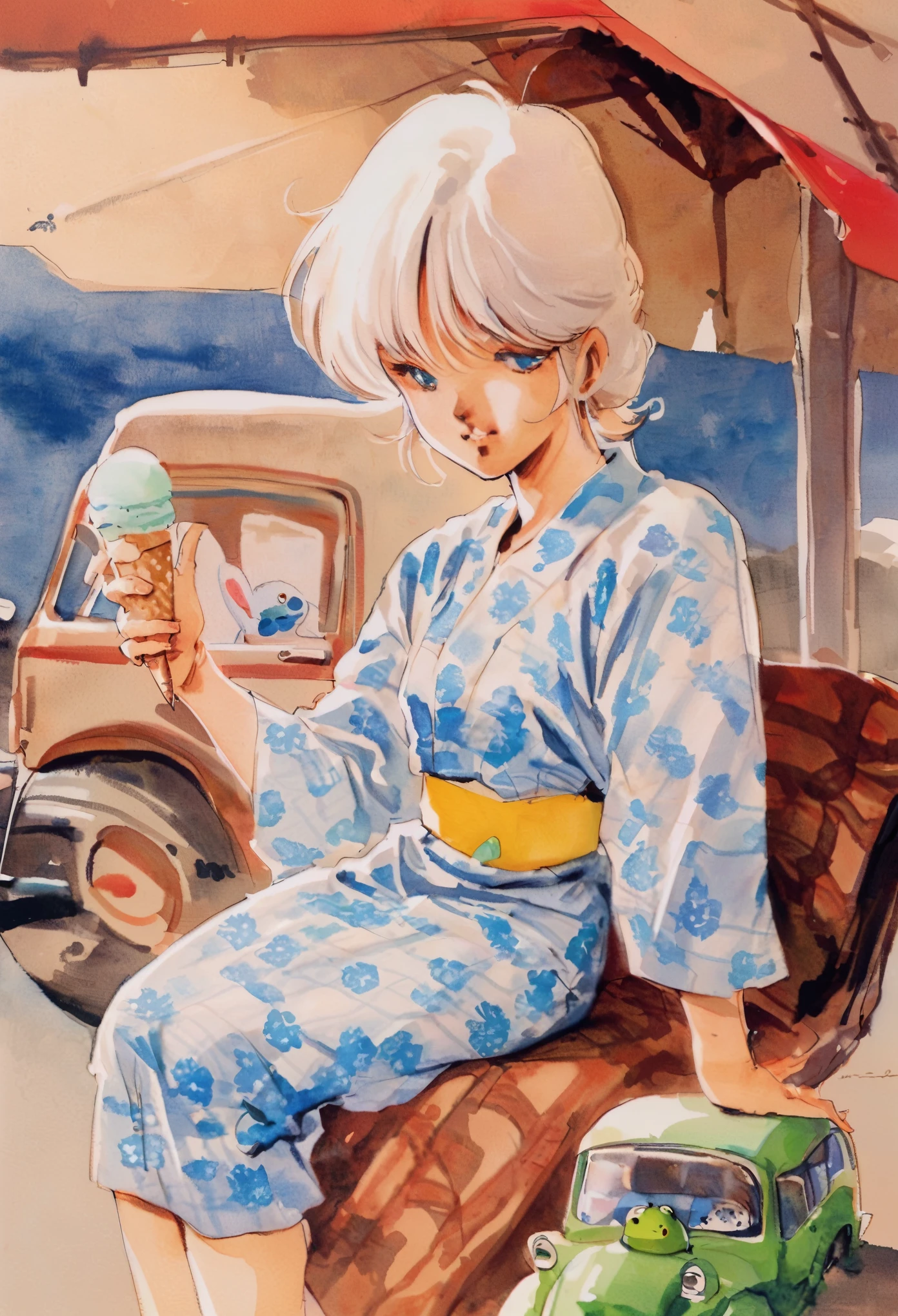   close-up .  1 girl,　White Shortcut, Androgynous girl,  Sky blue thin yukata with a white rabbit pattern , Yukata with a yellow belt , Bored look, I have a colorful ice cream cone,  sitting next to an ice cream truck driven by a frog holding a colorful ice cream cone , masterpiece, Highest quality,   very aesthetic, Ridiculous traditional media , watercolor, 1980