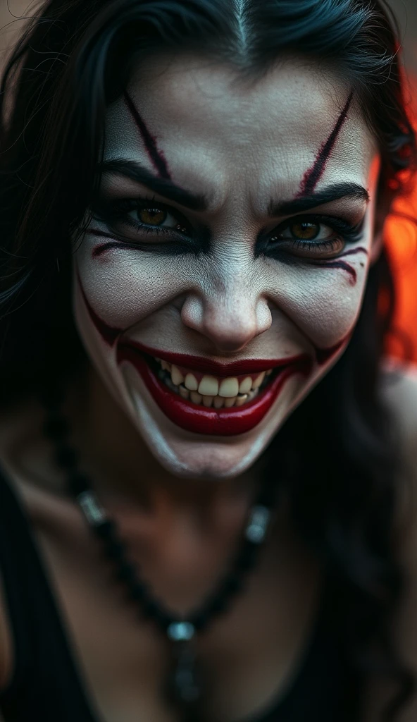 Female Pennywise with long wavy black hair and orange highlights,with the dog smile dog 