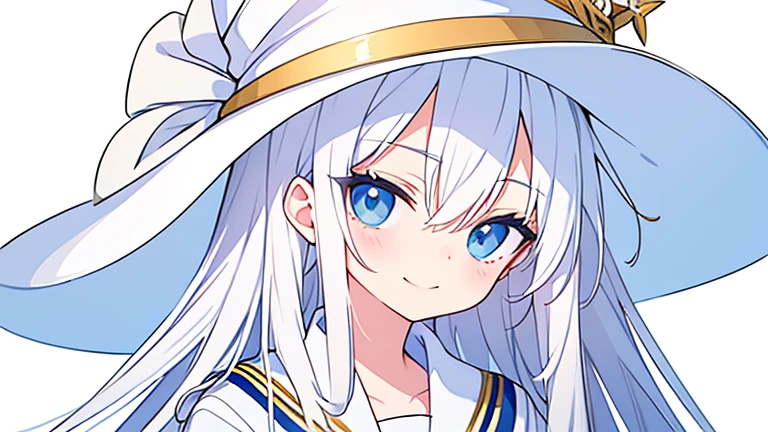 Pure white background、smirking bad face、 white hat with gold decoration looking up from the stairs、Long white hair、Sailor&#39; White Uniform 