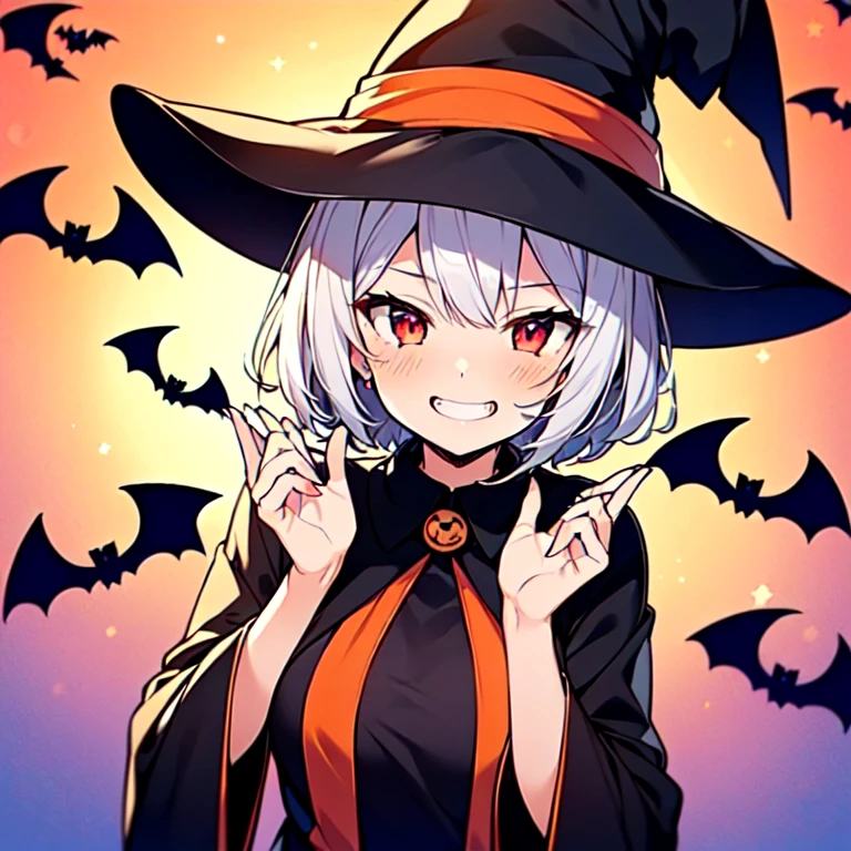  1 girl、avatar style、Halloween、( little girl cat character )，(( Silver hair short cut ，Red eyes， cute ))、(((Halloween)))，The background is on the night of the crescent moon  ，Pretty rainbow ， shooting stars ，whole body， best quality， show anime style ，(((Witch Costume， joyful face， Jack O Lantern is shining ， multiple bats are flying   )))