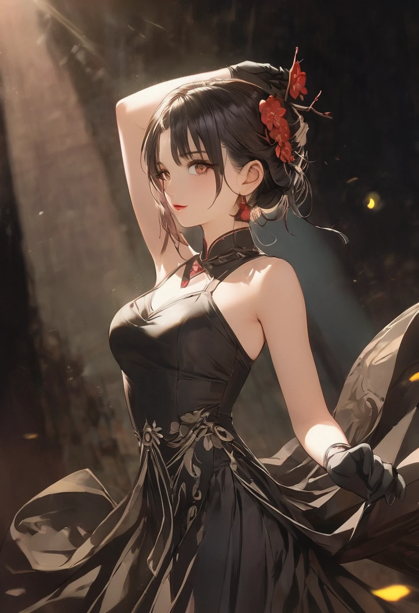 a woman in a retro-inspired formal outfit wearing long black gloves, beautiful detailed eyes, beautiful detailed lips, extremely detailed face, long eyelashes, elegant hairstyle, studio lighting, dramatic lighting, muted color palette, chiaroscuro, whole body  ,oil painting,  8k, best quality, highly detailed, hutao, full body, dynamic pose