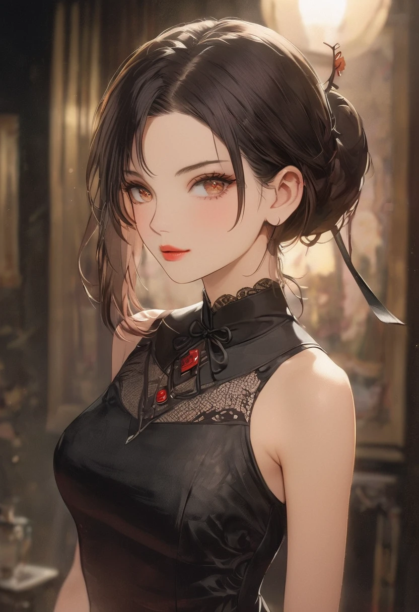 a woman in a retro-inspired formal outfit wearing long black gloves, beautiful detailed eyes, beautiful detailed lips, extremely detailed face, long eyelashes, elegant hairstyle, studio lighting, dramatic lighting, muted color palette, chiaroscuro, whole body  ,oil painting,  8k, best quality, highly detailed, hutao, full body, dynamic pose