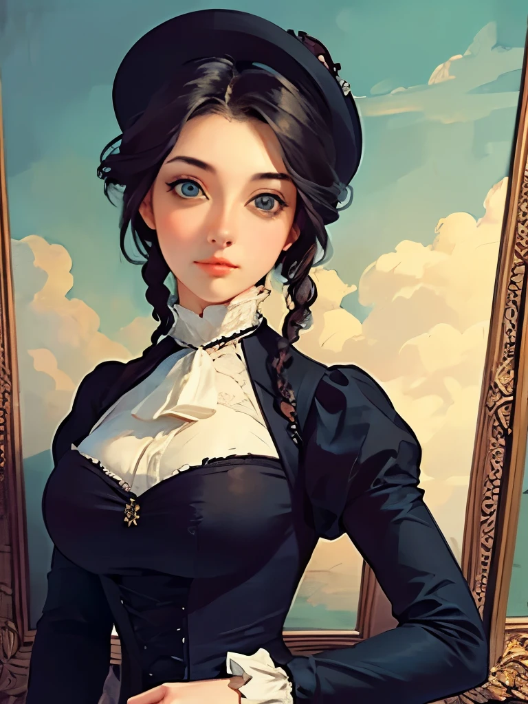 a painting of a woman in a black dress and hat, a fine art painting inspired by Franz Xaver Winterhalter, trending on cg society, gothic art, victorian lady, a beautiful victorian woman, elegant portrait, fantasy victorian art, victorian female portrait, victorian era painting, beautiful character painting, elegant oil painting, elegant digital painting, in victorian aristocrat
