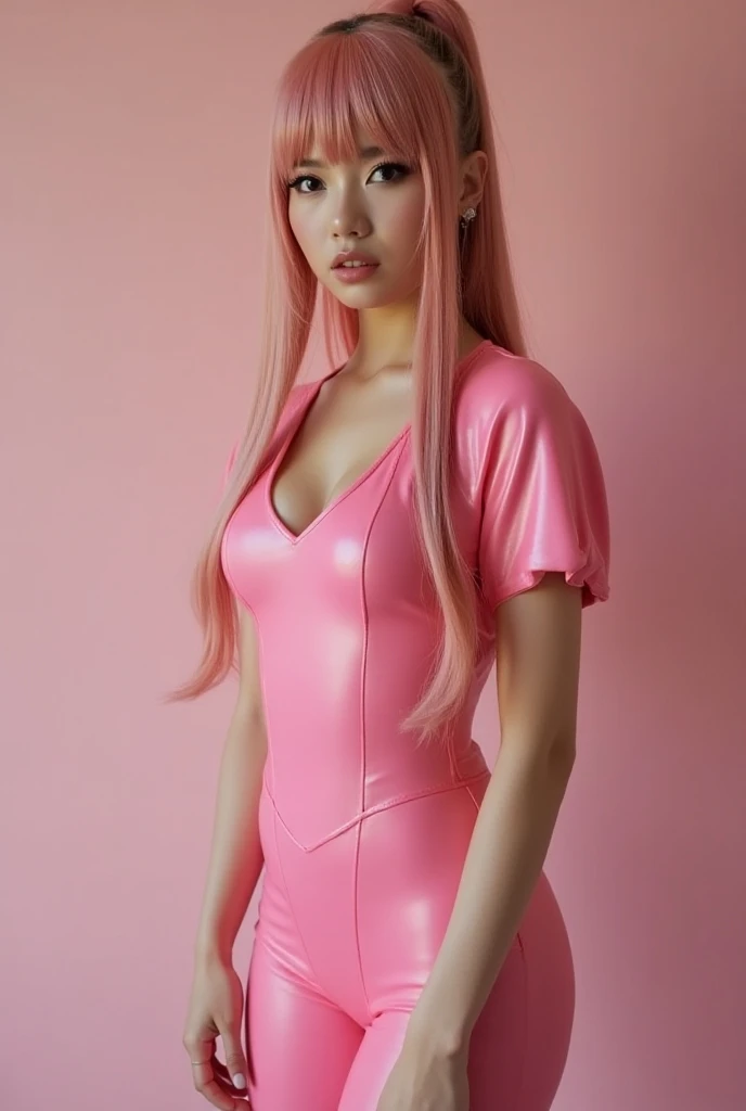 NSFW、sexy asian fashion model、glossy transparent lipstick、smiling face、defined eyebrows、natural makeup、full body Esbian、business latex dress（neon pink）、Colorful hair