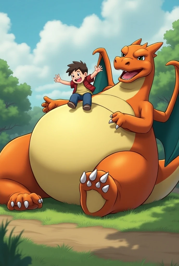 Pokemon Charizard, large breasts, pokemorph, Monster girl quest, performance dress, red bow, white and red dress, white gloves, seductive evil grin, smug, blush, 1boy, (shota), 1girl, larger female, large female, side view, girl sitting on top, female on top, open field background, tight grip, ((handjob)), rubbing penis, glovejob, stroking penis, foreskin, retracted foreskin, cumming, pushed down, pinned down, looking at eachother, looking at boy, scared boy, fearful boy, (hand around penis), holding penis, squeezing penis, (large breasts)