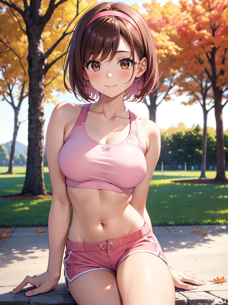  High Resolution ,cute, Brown Eyes ,Brown Hair,Five fingers,20-year-old woman,solo, pink sports bra , pink shorts, pink hair band ,smile,B Cup, short hair,Looking at the camera,Blurred Background,Autumn park,