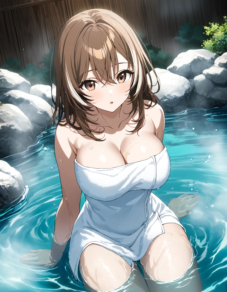 score_9, score_8_up, score_7_up, source anime,
masterpeice, best quality, very aesthetic, absurdres, official art, anime,
perfect anatomy, good hands,
BREAK
1girl, solo, breasts, looking_at_viewer, large_breasts, sitting, brown_hair, cleavage, brown_eyes, towel, onsen, naked_towel, partially submerged, close-up,