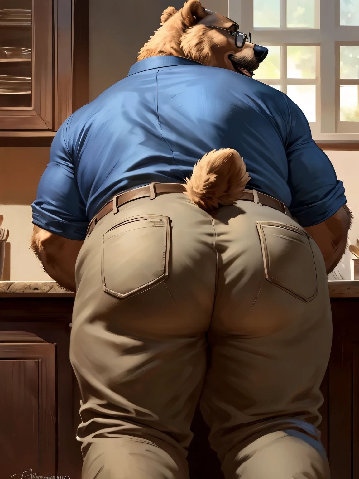 solo, semi-feral, grizzly bear, male, elderly male, grey muzzle, photorealistic, hyperrealistic, ultra detailed, ((by Oaks16, by BruteandBrawn, by Taran Fiddler)), wide hips, thick thighs, fat butt, big belly, blue shirt, khakis, slight bulge, low horizon, presenting butt, looking back at viewer, mustache, butt focus, bending over, overweight, kitchen background, depth of field, laughing, glasses, bear tail