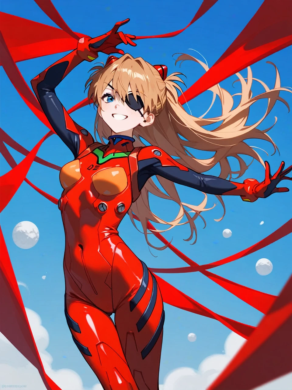 ((masterpiece,Highest quality, detailed)), whole body, Soryu Asuka Langley, Interface Headset, (Red bodysuit), nice, (Detailed eye depiction), (Stern expression),Mouth closed,Look to the side,(Put your arms behind your head), Starry Sky, Night Sky,warship, deck, Ocean