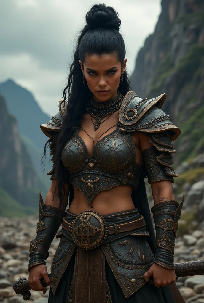 A photo quality portrait of Kareena Kapoor Khan as a beautiful warrior with red lips, an angry expression, and surrounded by spooky fog , wearing an Armor , with mangalsutra 