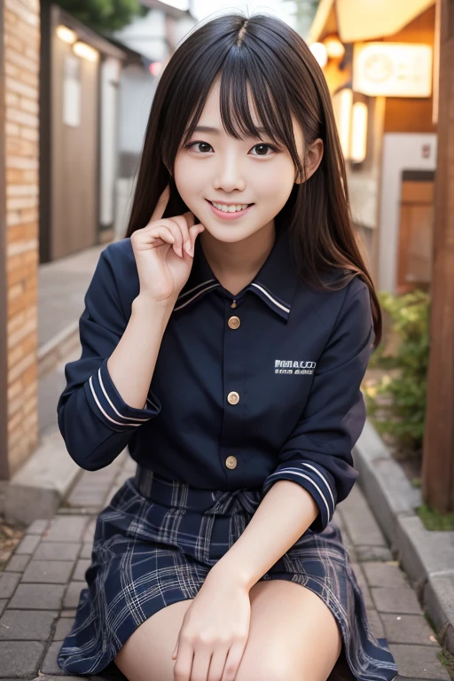 High quality masterpiece, 8k, ,  Japanese girl , RAW Photos,              absurd, Winner portrait smile face, 笑face, Alone, uniform, Summer Clothes Idol&#39;face, violet, Gardenia, Delicate girl,                      long black hair                    , Dark Eyes, Upper body digital SLR,                 Observe the Audience, Frank, Sophisticated, Like々Shii, Thin arms,              Professional lighting that sticks forward       ,                film grain             ,  chromatic ablation, (Details of the eye and face: 1.0), (Bokeh button:1.1)