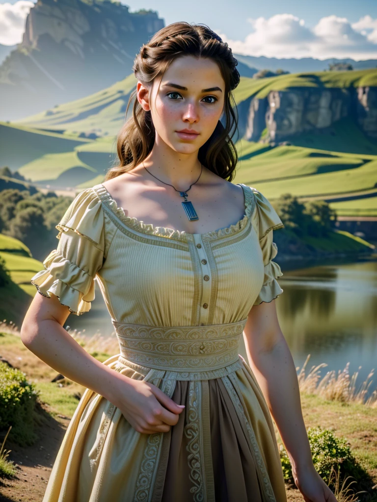 1 girl, brown hair, green eyes, shiny nose, standing in a picturesque landscape, (best quality,4k,8k,highres,masterpiece:1.2),ultra-detailed,(realistic,photorealistic,photo-realistic:1.37),concept art, cinematic lighting, vivid colors, intricate details, digital painting, highly detailed, exquisite, elegant, beautiful, stunning