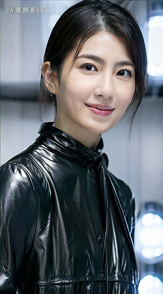 最high quality, 8k, Vibrant, Sharp focus, high quality, High resolution, Middle-aged women, Mature Woman, 40 years old, (Whole Body Ezbian), (High heels face detail, Highly detailed eyes, Plump figure、Plump face、((big 1.6))、(((Large Breasts)))、((Black leather clothing))、Random Hairstyles、A kind smile、(Busy Street)、Glamorous city、((Leather Fashion))、