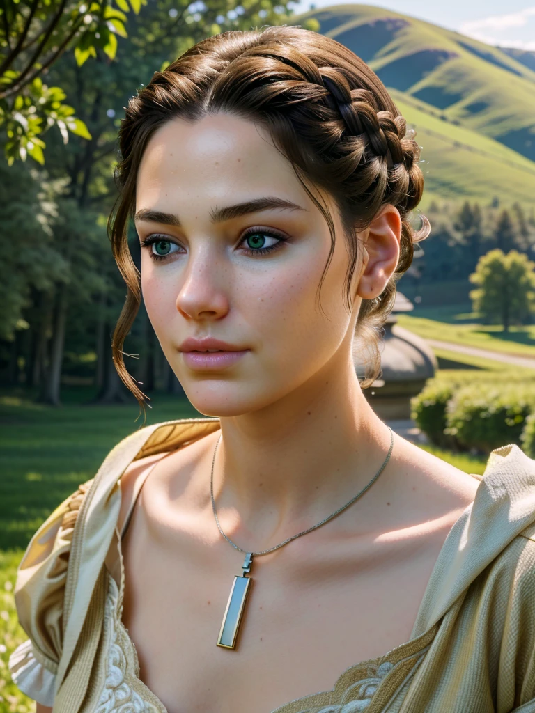 1girl,brown hair,green eyes,detailed shiny nose,standing in a picturesque landscape,beautiful detailed eyes,beautiful detailed lips,extremely detailed eyes and face,long eyelashes,(best quality,4k,8k,highres,masterpiece:1.2),ultra-detailed,(realistic,photorealistic,photo-realistic:1.37),digital painting,cinematic lighting,vivid colors,intricate details,highly detailed,exquisite,elegant,beautiful,stunning,gros plan sur le nez