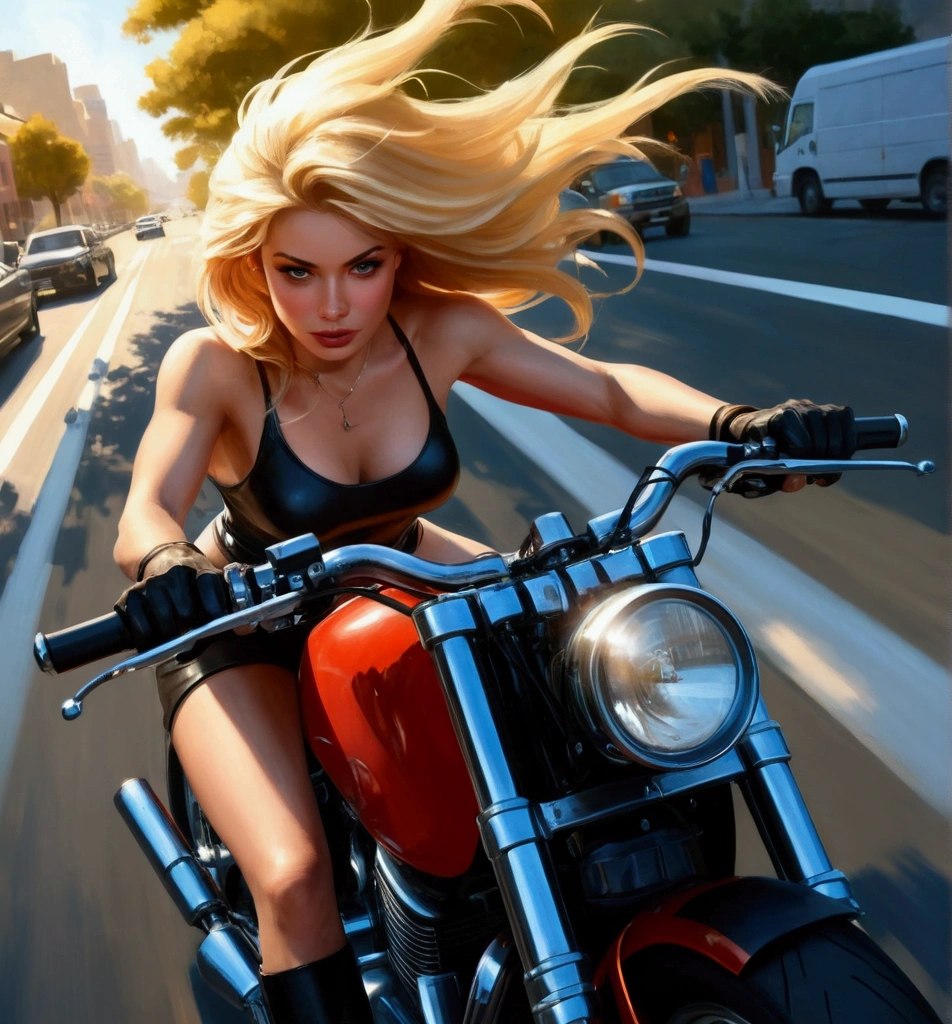 blond woman riding a motorcycle on a city street with cars, riding a motorcycle, style of gta v artworks, james gurney painting style, karol bak uhd, inspired by Greg Hildebrandt, artgerm greg rutkowski _ greg, beautiful comic art, motorcycle concept art, martin ansin, motorcycle, airbrush digital oil painting, motorcycles