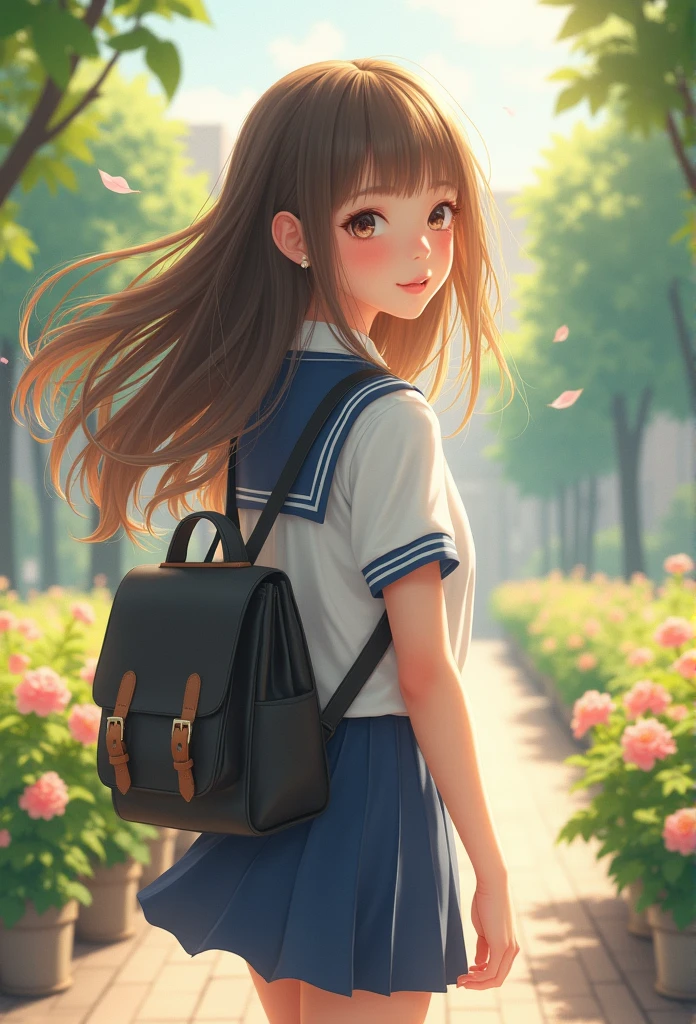 As the sun set, two junior high school students walked hand in hand on the playground, and the trees next to them were very luxuriant, and the sunlight was shining through them, and the girl tilted her neck and asked the boy