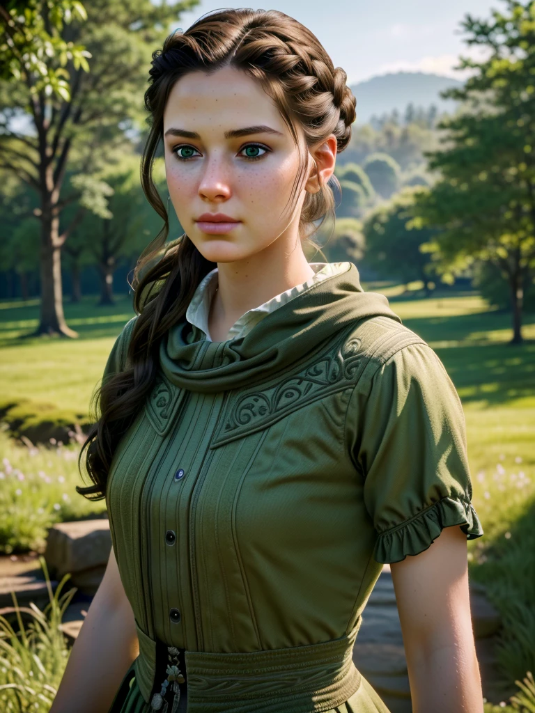 1 girl, brown hair, green eyes, shiny nose, standing in a picturesque landscape, (best quality,4k,8k,highres,masterpiece:1.2),ultra-detailed,(realistic,photorealistic,photo-realistic:1.37),concept art, cinematic lighting, vivid colors, intricate details, digital painting, highly detailed, exquisite, elegant, beautiful, stunning