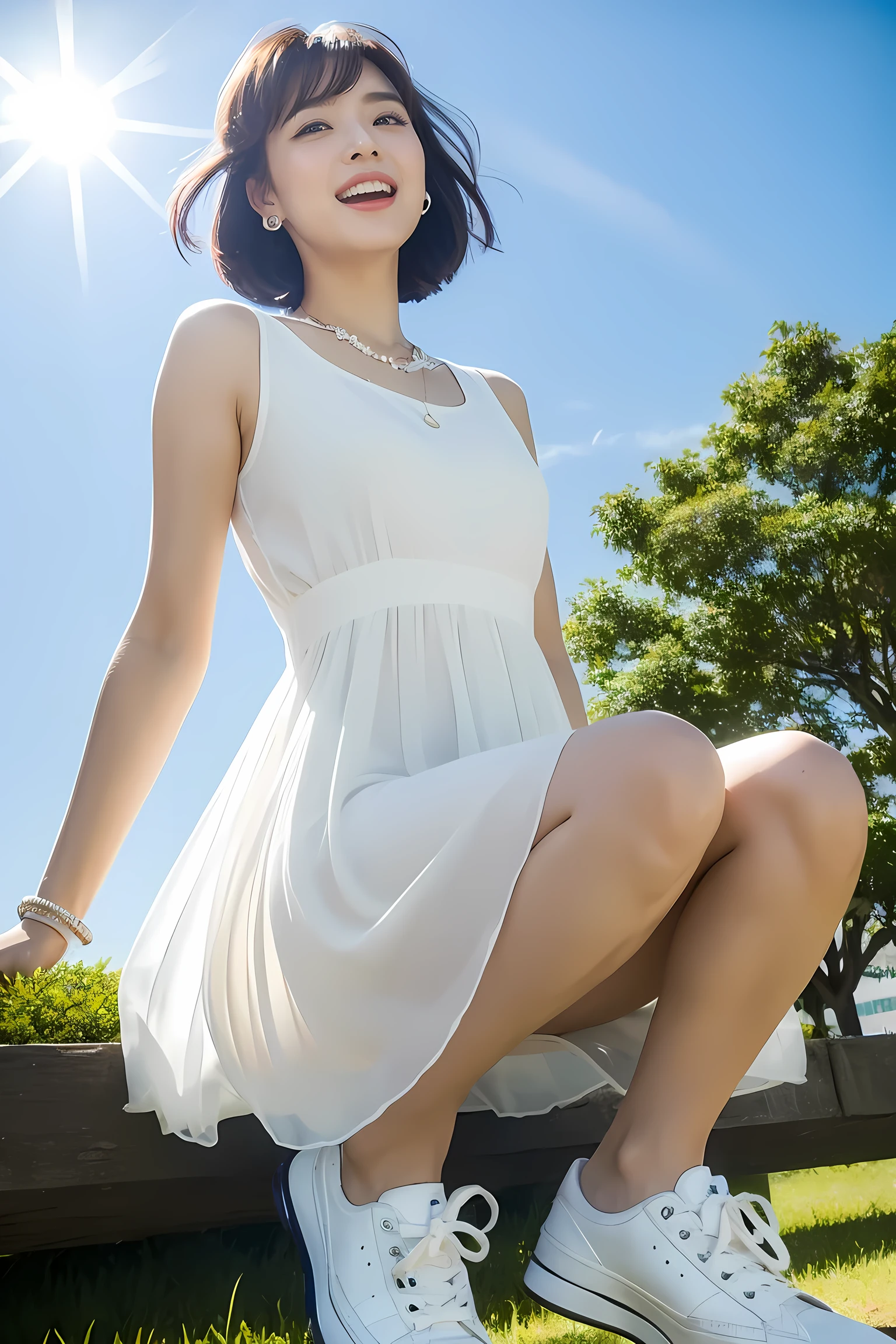 show me a woman who will surprise everyone.、Grace Kelly-like face、City park、Distant Building、 I can see the blue sky in the distance 、White clouds floating、Sheer Georgette navy dress 、A view from a little below、 short hair、 bob cut、sneakers、Laugh a little、Look at me with kind eyes、Slightly pointed lips、Bangs swaying in the wind、 look up from below 、Soft Backlight、 earrings、necklace、 bracelet、