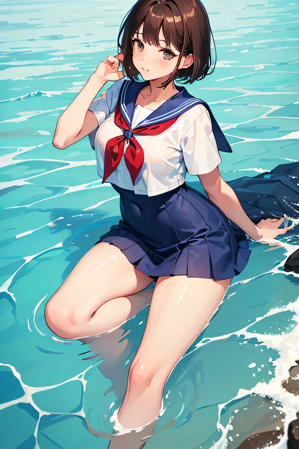 hight resolution, top-quality,  ultra-quality, The ultra-detailliert, lighting like a movie、Woman in Sailor Suit、small tits、Small body、school classrooms、Wearing sweat、full of sweat、Wet sailor suit、panties on、