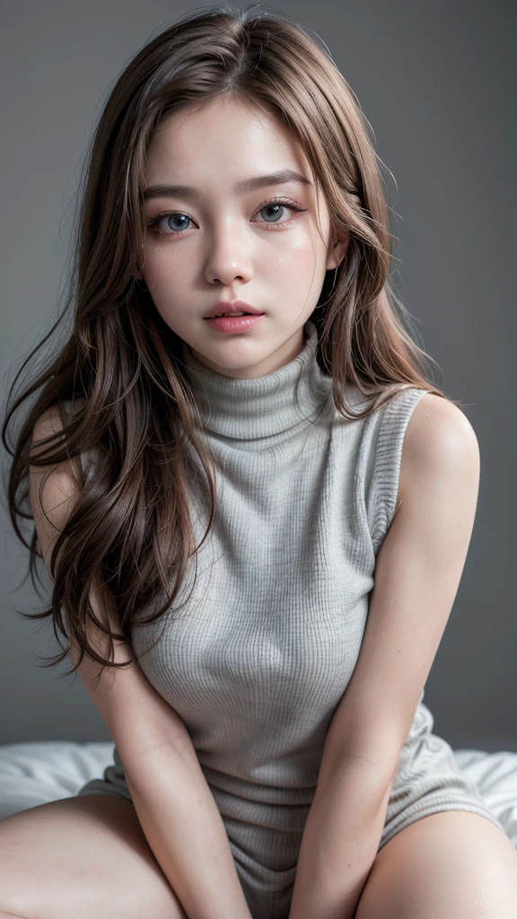Top image quality、Raw photography、超A high resolution、18 year old cute Korean、Shooting for one person only、big round chest、Camisole、skirt by the、Shiny hair、Beautiful Eyes of Details、very elongated eyes、Beautiful eyelashes、Beautiful double eyelids、eyeshadows、耳Nipple Ring、close-up shooting、Model shooting for magazines、Fashion catalog shooting、Wall on grey background