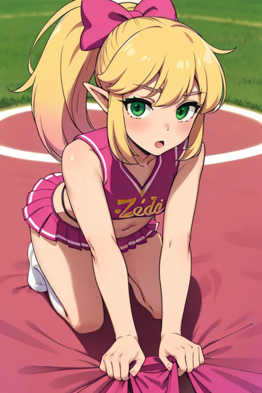 masterpiece, best_quality, 1girl, solo, femboy, link, the legend of zelda, cheerleader, cheerleader_link, pink cheerleader costum, ponytail with pink bow, blonde hair, green eyes, small breasts, on all fours