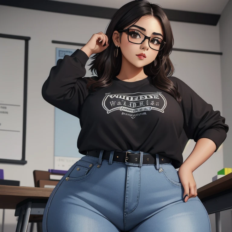 A cute petite short skinny wide thick hips emo mexican girl, short wild volumetric hair, one wearing glasses, beautiful detailed brown eyes, cutely detailed lips, extremely cute detailed eyes and face, wide curvy pearshaped hips, thick thighs, long sleeve t-shirt tucked in belted long jeans, full body photo, masterpiece, photorealistic, 8k, vivid colors, studio lighting, professional, standing in classroom,1girl, 