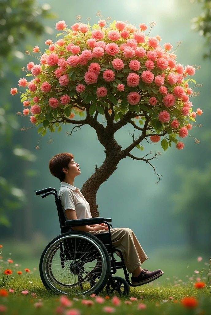 An 8-year-old blonde girl, in a pink princess dress, in a garden full of flowers, on a sunny day, is looking at the sky, praying, sitting in a wheelchair