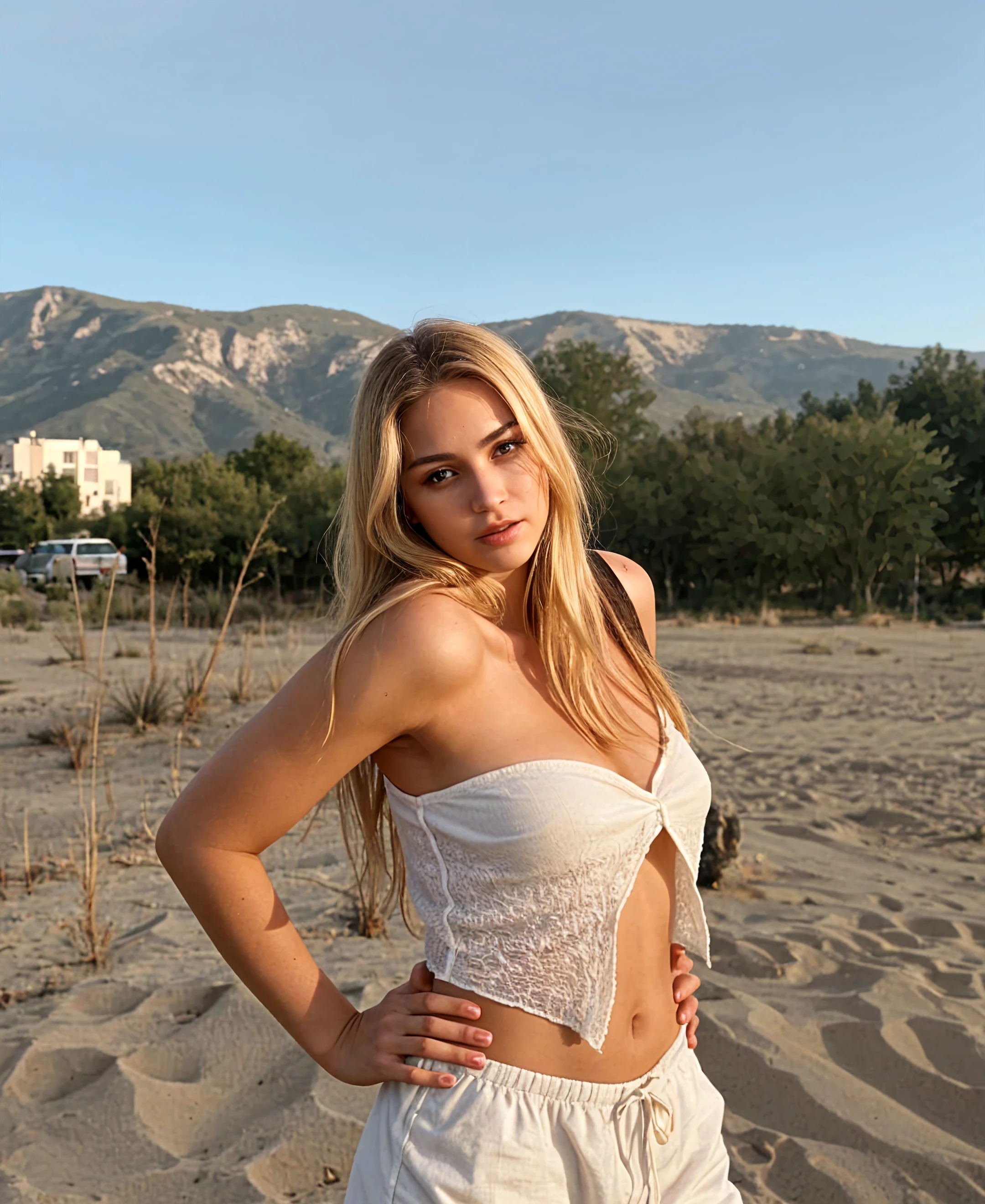 Lina Belfiore, whole body, legs in nylon stockings, long_hair, blond hair, fabulous, city girl, split, western, flower_dress, hot girl, Santorini, Greece, looking at the sunset, draw up, (masterpiece), Best quality, A high resolution, extremely detailed, blurred background, depth of field, Cinematic lighting