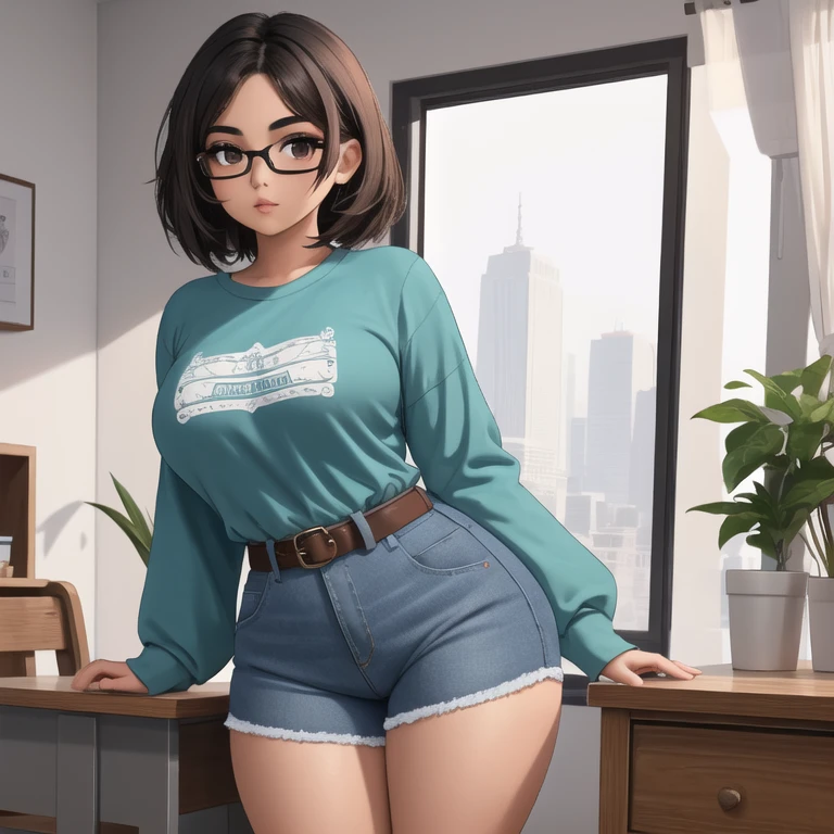 A cute ite short skinny wide thick hips emo mexican girl, short wild volumetric hair, one wearing glasses, beautiful detailed brown eyes, cutely detailed lips, extremely cute detailed eyes and face, wide curvy pearshaped hips, thick thighs, long sleeve t-shirt tucked in belted long jeans, full body photo, masterpiece, photorealistic, 8k, vivid colors, studio lighting, professional, standing in classroom,1girl, 