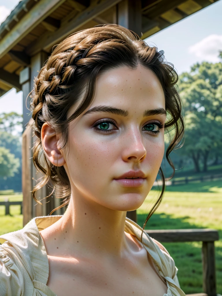 1girl,brown hair,green eyes,detailed shiny nose,standing in a picturesque landscape,beautiful detailed eyes,beautiful detailed lips,extremely detailed eyes and face,long eyelashes,(best quality,4k,8k,highres,masterpiece:1.2),ultra-detailed,(realistic,photorealistic,photo-realistic:1.37),digital painting,cinematic lighting,vivid colors,intricate details,highly detailed,exquisite,elegant,beautiful,stunning,gros plan sur le nez