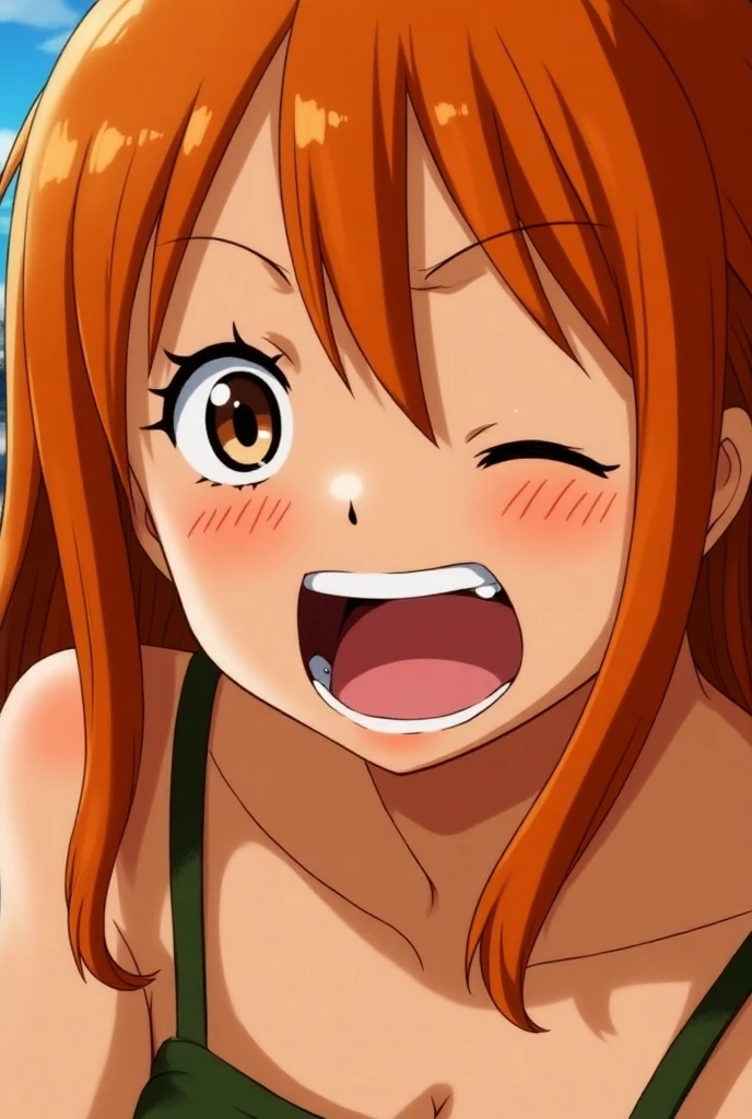 Nami from One Piece　Painful expression　Disliked expression　Scared　Both arms are tied behind　White saliva dripping from the mouth　With tears in her eyes, she closes one eye　Only two arms　My whole body is wet　Another person is grabbing and pulling your hair　Being interrogated　