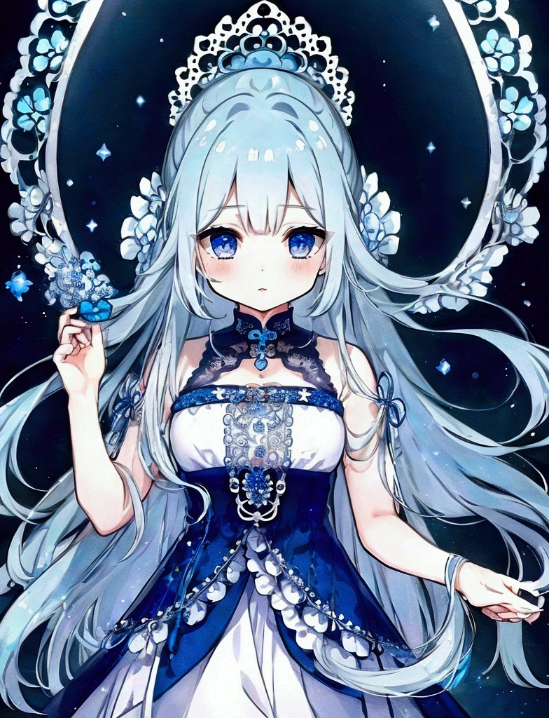 A woman holds a slime with her hands，Chibi，Long ears，cute，Very energetic ，（戴着十字型的cute饰品:1,3）， eye color ocean blue ，Big eyes， light blue western lace trim dress， Comfortable， tall, long hair ，Light blue hair，high quality， high resolution，thick outline ， simple background，Perfect and good-looking fingers