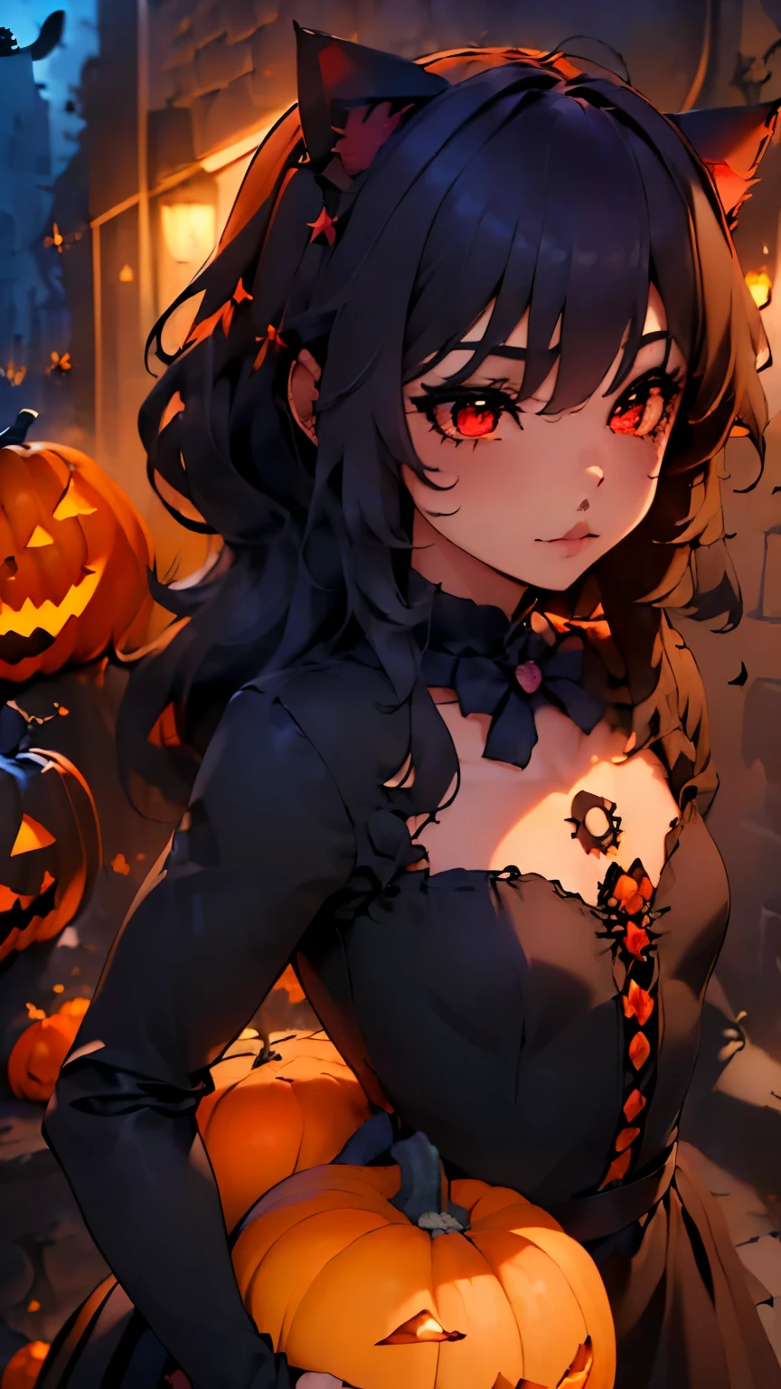 ((((( pareja de novios celebrando halloween con dulces and calabazas)))), (Excellent detail, good quality , 4k, HD)1 girl junkotvv, con el cabello negro and largo con flequillo and (Cat ears) and (red eyes),( high resolution, masterpiece :1.2),Numerous pumpkin lanterns,Flying bats,Adorable skeletons, ((Halloween pumpkin)), (the theme of halloween), (candles), (brick wall), (Dark theme),(particles), (autumn), ((((un chico con el cabello largo negro ojos cafes and sin Cat ears))))