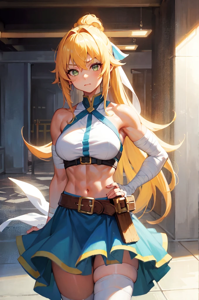 (masterpiece, best quality:1.2), 1girl, solo, (Woman Bodybuilder,hyper muscle,amazon), , long yellow blonde hair, muscular, messy hair, big , green eyes, standing up, sarashi white chest, sarashi, underboob, breasts bandages, arm bandages
(insanely detailed, beautiful detailed face, masterpiece, best quality) volumetric lighting, tone mapping, (looking disgusted), konosuba